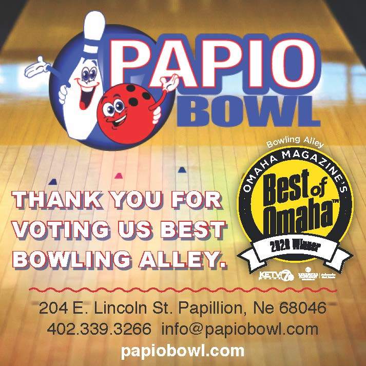 Square colored ad for Papio Bowl