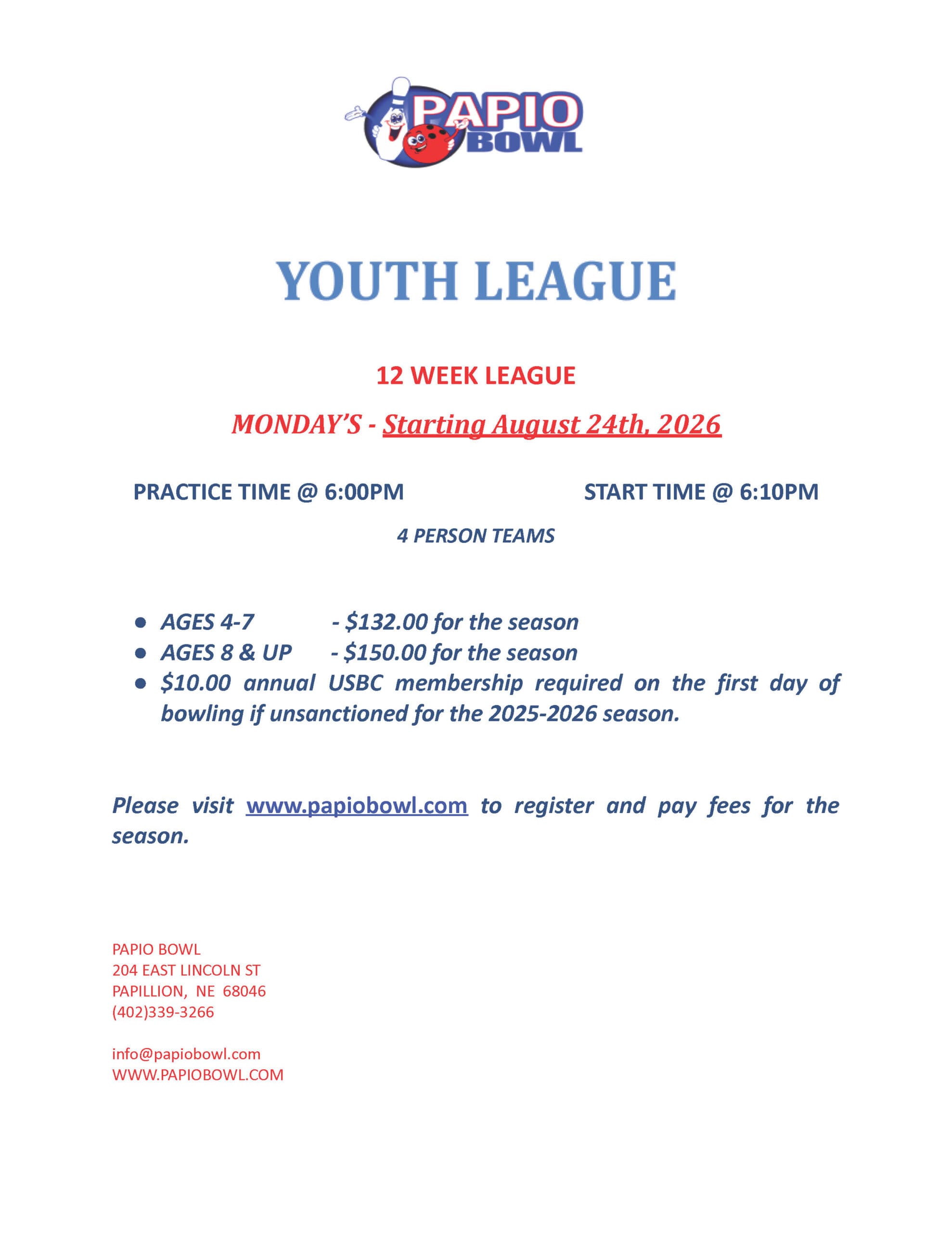 Aug. 2026 Youth League Registration